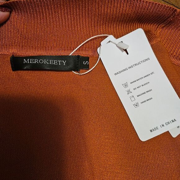 MEROKEETY Women's Small Orange Open Front Pocketed Ribbed Cardigan Sweater NEW - Picture 8 of 11